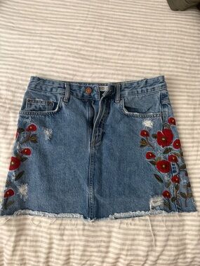 Zara Blue Denim Mini Skirt with Red Floral Embroidery